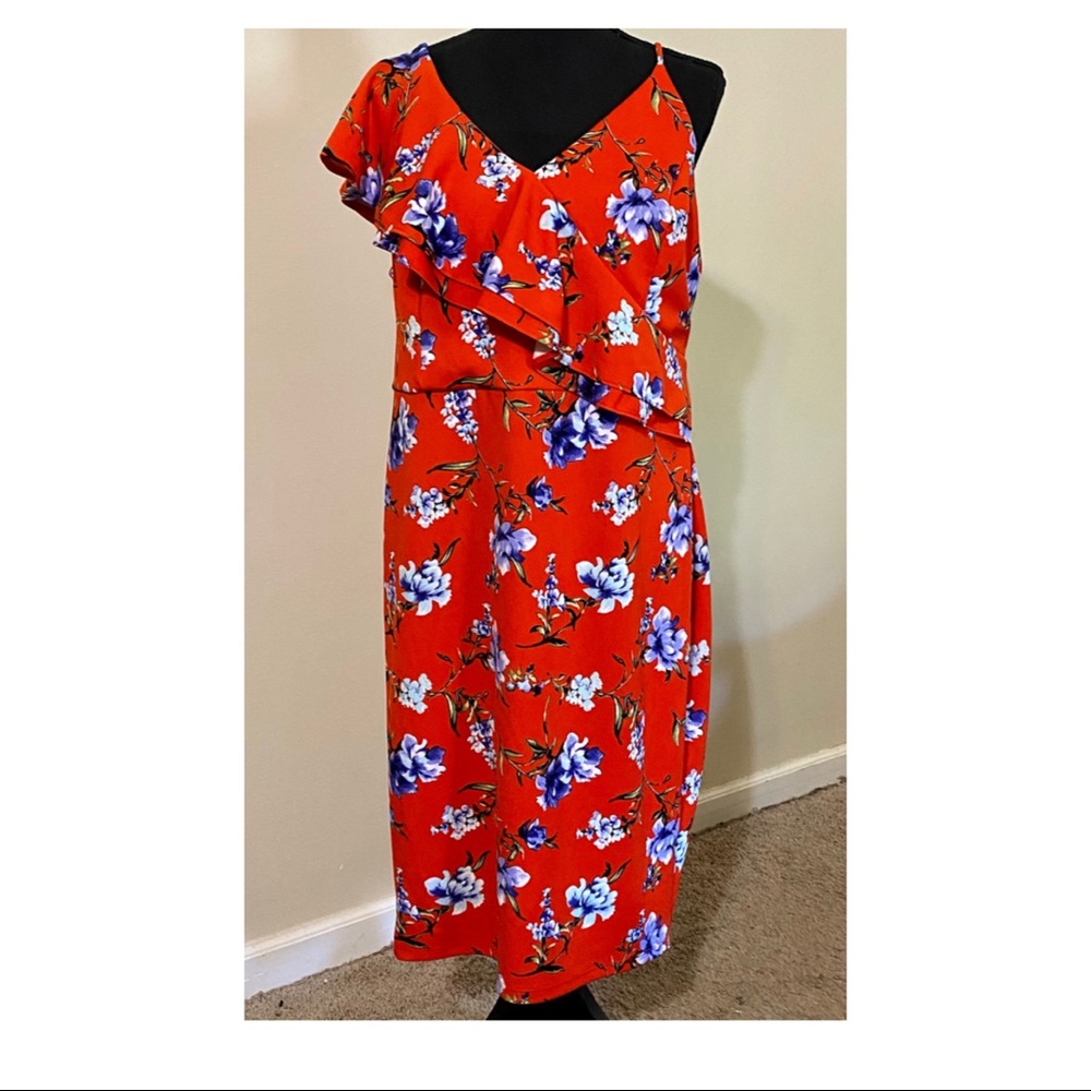 Orange Red Floral Ruffle Dress 3x - Picture 2 of 5